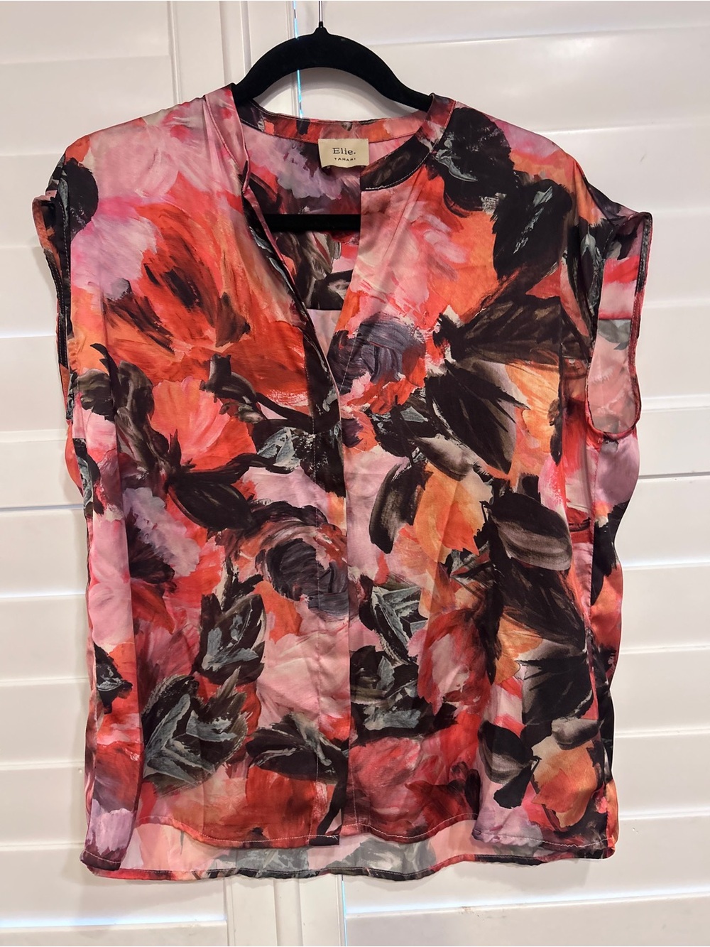 Elie Tahari Watercolor Floral Split Neck Blouse Pink Multi Size Medium